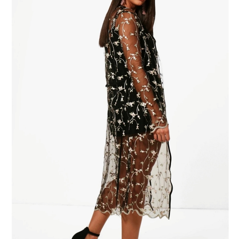 BOOHOO Floral Embroidered Black Mesh Fairy WhimsyGoth Kimono - Picture 2 of 12